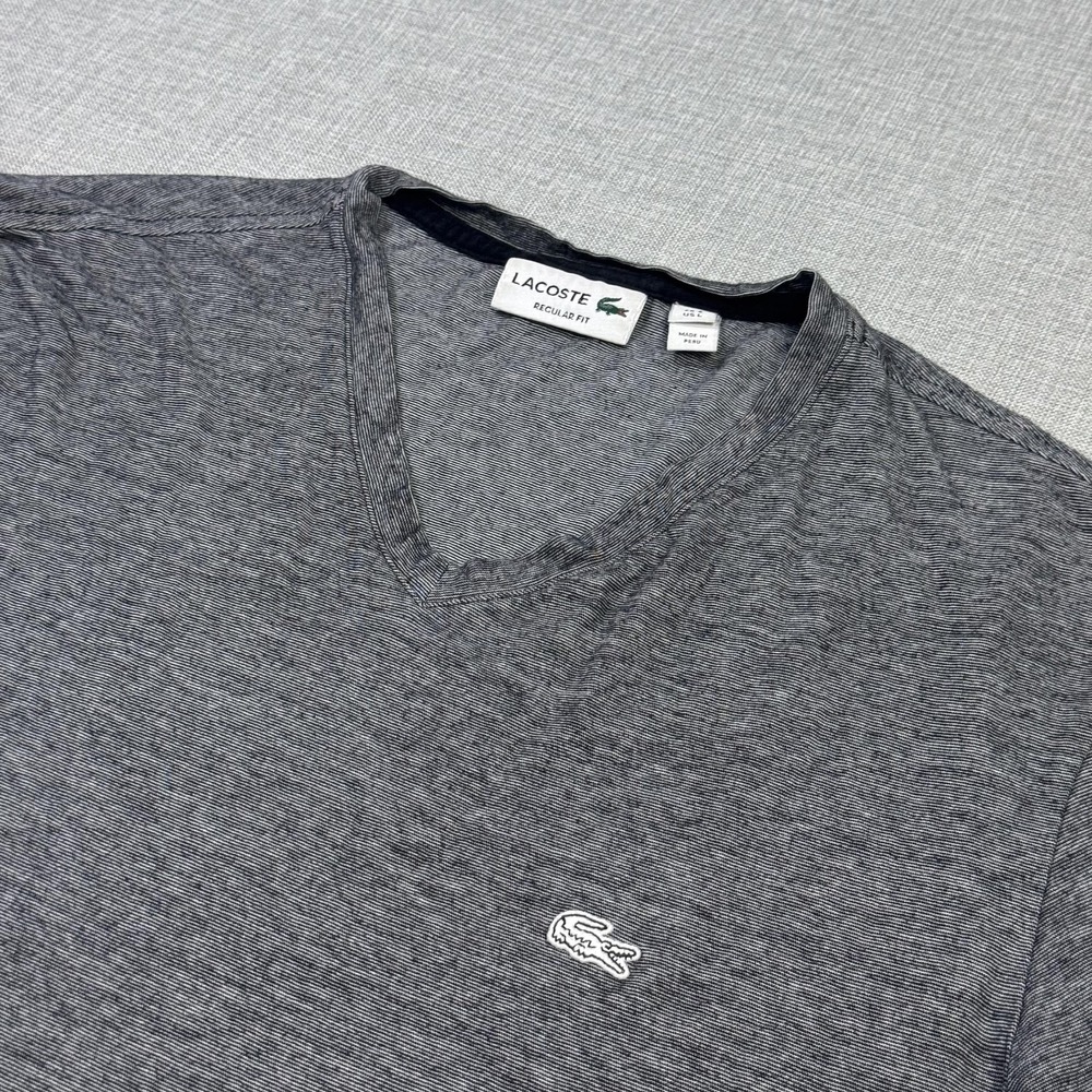 Lacoste Shirt Mens Large Gray V-Neck Striped Cotton Jersey Logo Peru Lightweight
